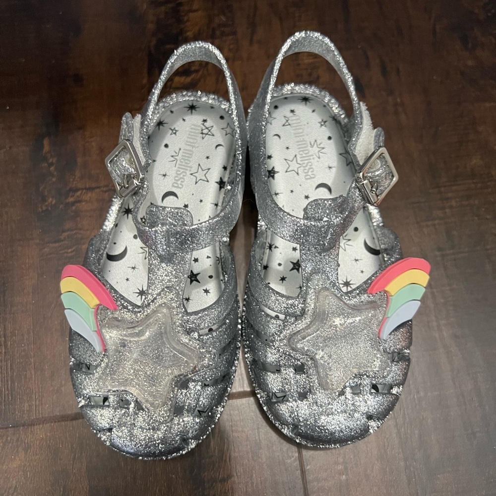 Mini Melissa Glittery Silver Sandals with Rainbow and Star